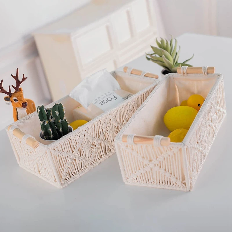 Boho Storage Basket Decor Box, Handmade Woven Decorative Countertop Organizer, Macrame Baskets for Bedroom and Living Room