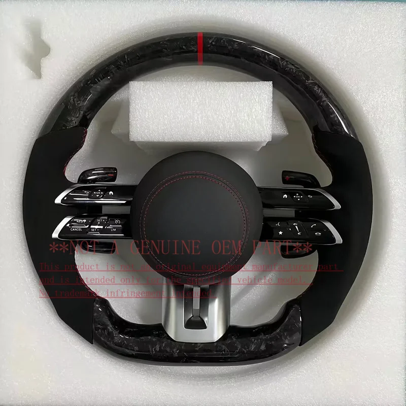 For Mercedes-Benz Steering Wheel Horn Cover Forged Carbon Fiber Top & Bottom, Alcantara Side, Red Logo Red Stitch Electroplating