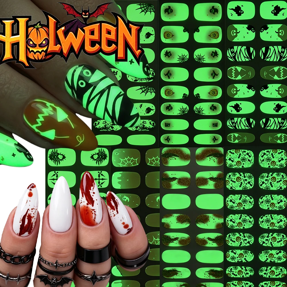 16Tips/sheet Halloween Luminous Pumpkin Bat Spider Web Ghost Press On Nails Long-Lasting Glow In The Dark Nail Wraps Sticker
