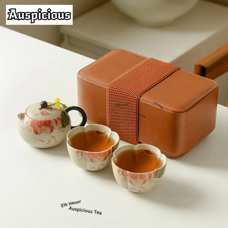 Hand-painted Red Carp Playing Lotus Travel Tea Set Kit Traditional 1 Pot 2 Cups Tea Maker Organizer Portable Outdoor Tote Bag