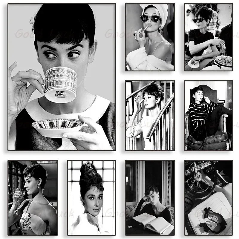 Famous Star Audrey Hepburn Elegant Fashion Black and White Poster Canvas Painting and Print Wall Art Picture for Room Home Decor