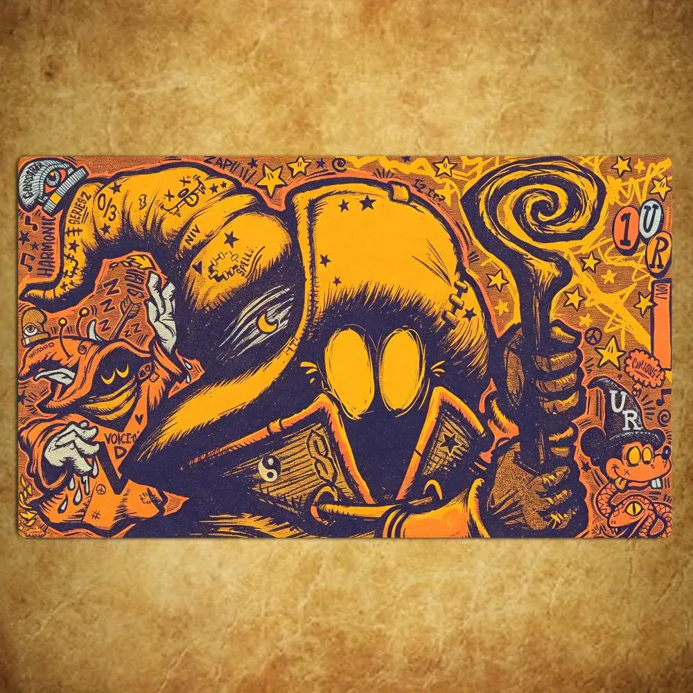 TCG Playmat Retro Neon Street Sorcerer 35X60CM Magic Card Battle Mat Non‑Slip Durable Stitched Edge Commander Zones Playmat