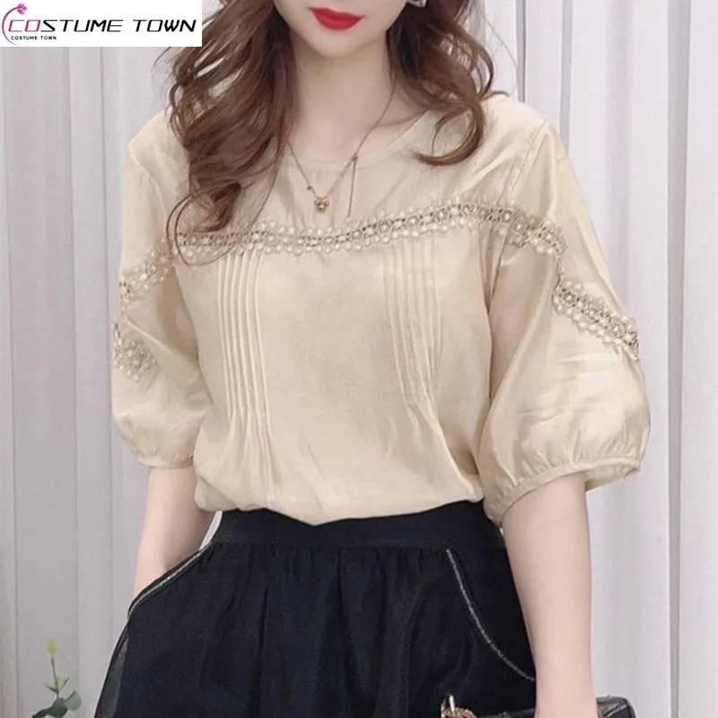 

Hong Kong style retro lace patchwork half sleeved chiffon shirt for women 2025 summer new slim fit top trend