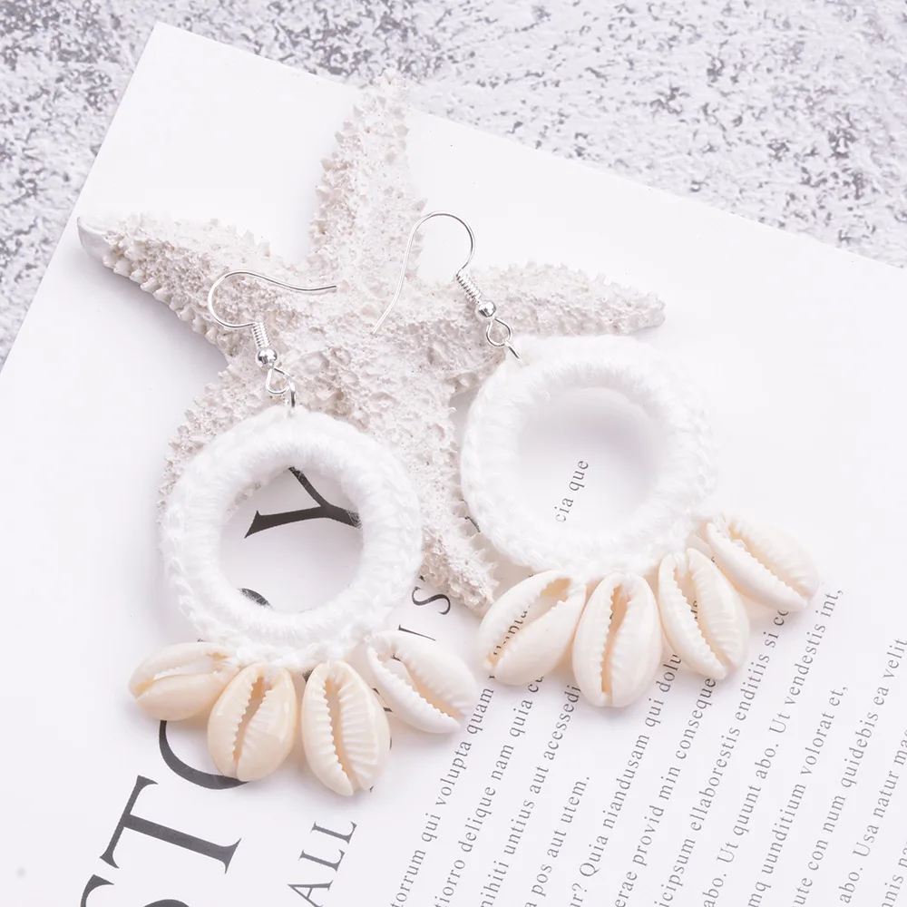 Hand-woven Cotton Thread Earrings with Shell Casual Ethnic Retro Jewelry Summer Candy Color