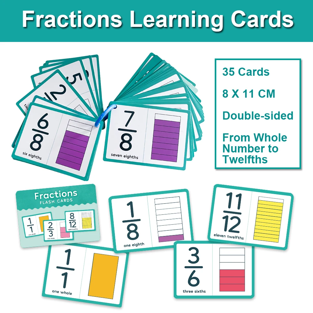 Fraction Number Flashcards for Elementary School Graphical Fractions Simplification Math Learning Cards Montessori Teaching Aids