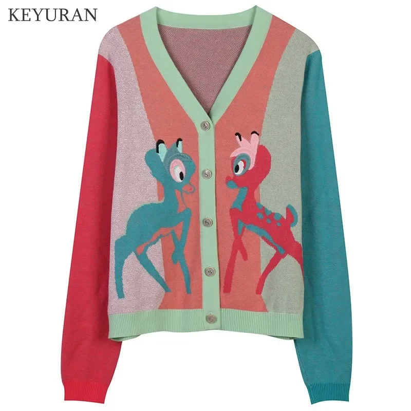 

Кардиган с v-образным вырезом, женский свитер, осень 2022, новый корейский модный жаккардовый кардиган с вышивкой животных и длинными рукавами, свободный кардиган, пальто