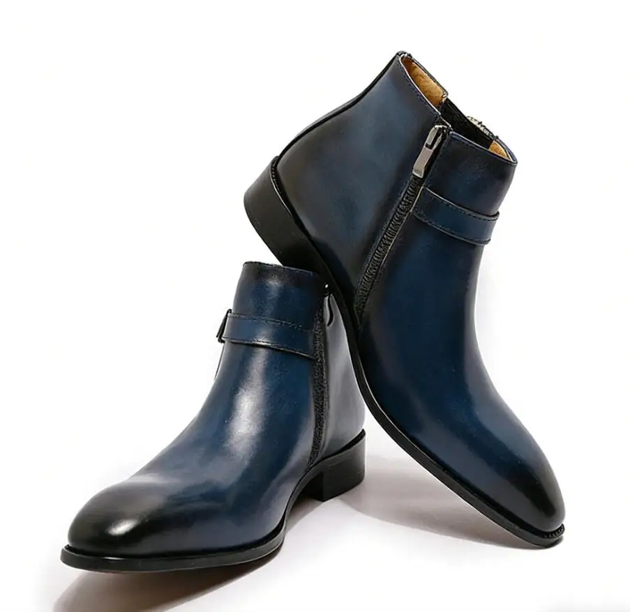 

Real Leather Men's Boots Classic Italian Ankle Boots High Top Dress Shoes Zipper Buckle Formal Shoes for Men Blue Basic Boots