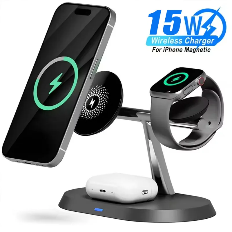 

Магнитная беспроводная зарядная станция 3-в-1 мощностью 15 Вт для Magsafe iPhone 17-12, Apple Watch 8 7, Airpods Pro – Быстрая зарядка