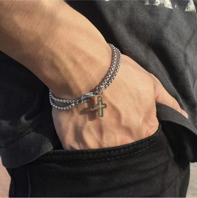 Pulseira Masculina de Moda com Corrente Dupla e Cruz Oca, Fecho Lagosta, Acessório para Festa Hip-Hop Punk