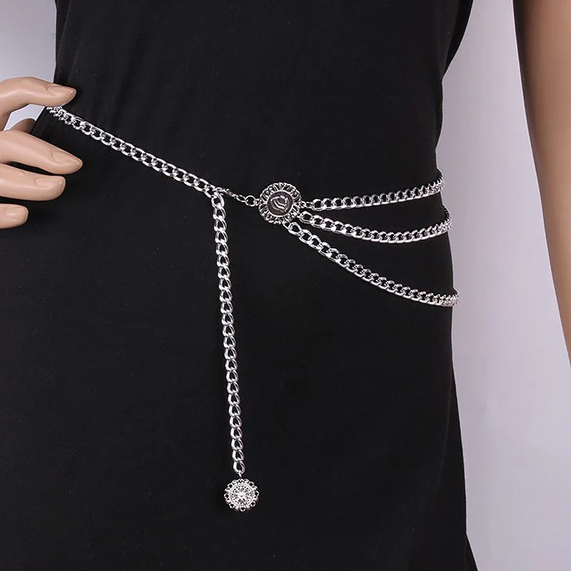 Women Fashion Belt Hip High Waist Gold Silver Narrow Metal Chain Chunky Fringes Crystal Diamond Waist Chain Corset Chain Belt