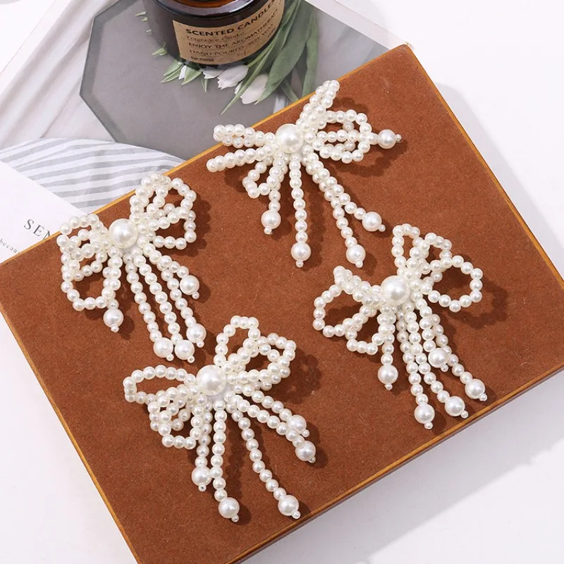 1 Piece Silver White Tassel Pearl Bow Shoe Charms for Clogs Handmade Beaded Woven Lightweight Sparkly Premium Korean Style Gift