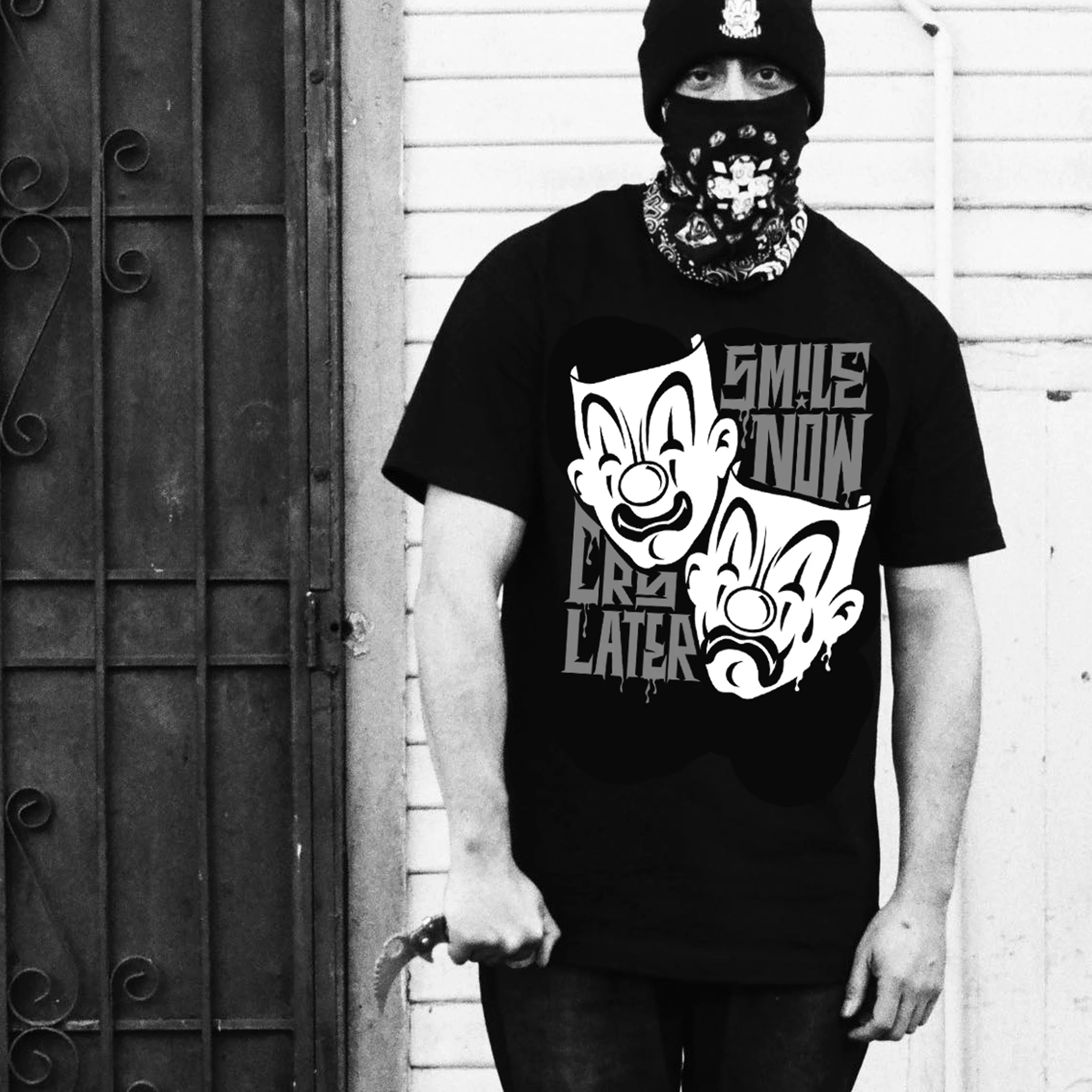 2026 American Fashion Brand Kano Floral Font Clown Gang Hip-hop English Mask Crying Smiley Face American Heavy Loose T-shirt