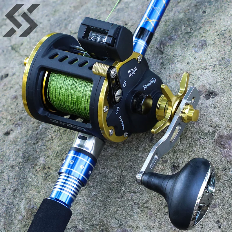 Sougayilang Saltwater Fishing Reels Cast Drum Wheel Trolling Casting Reel Boat Ocean Fishing Reel Round Baitcasting Reel Pesca