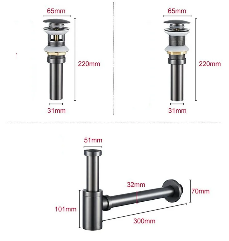 Brushed Gold Drains Set Brass Round Siphon P-TRAP Deodorization Bathroom Vanity Basin Pipe Waste With Pop Up Drainer Gun Grey