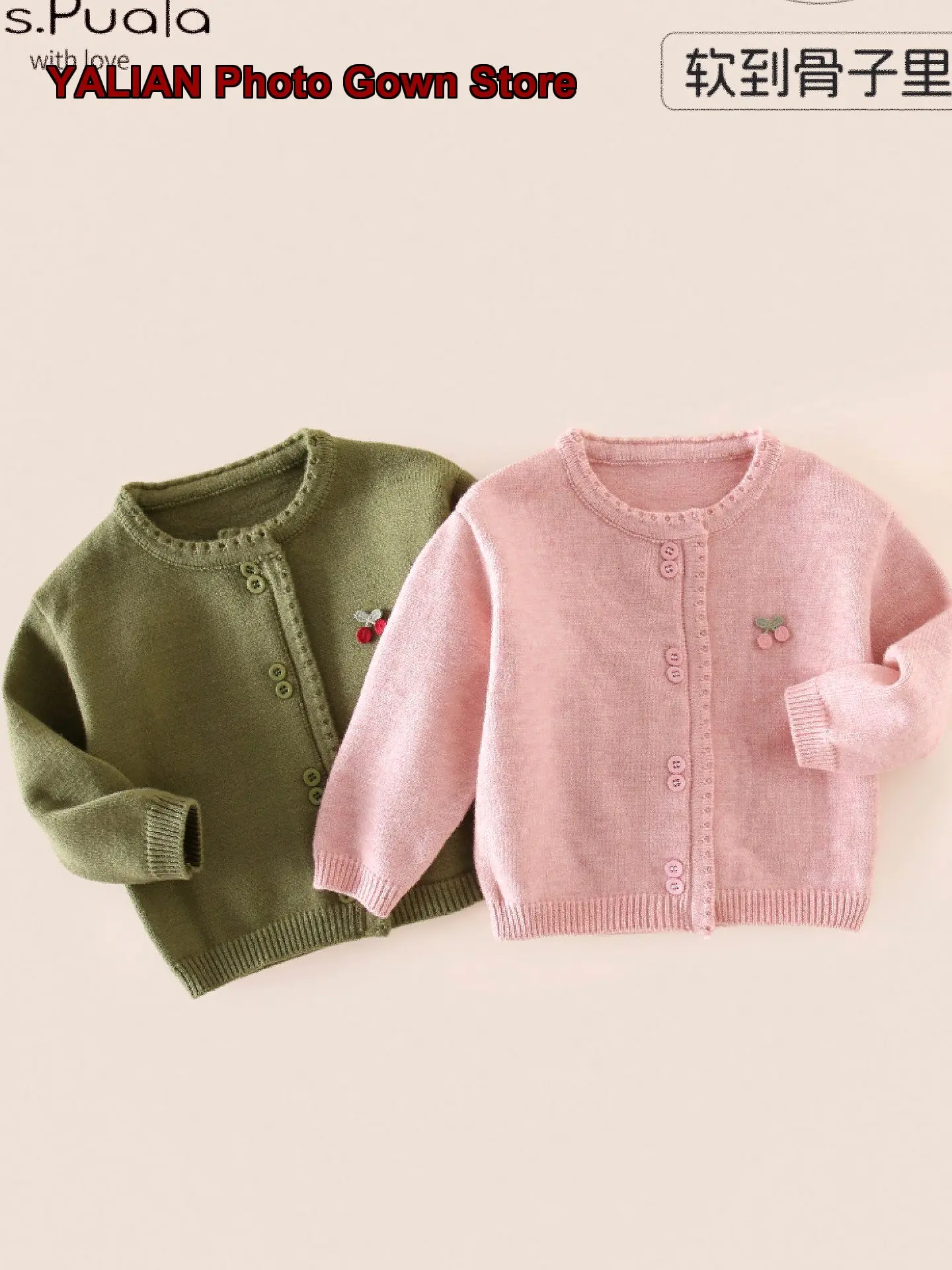 Infant Round Neck Knit Top Baby Girls Pure Cotton Cherry Embroidery Spring Autumn