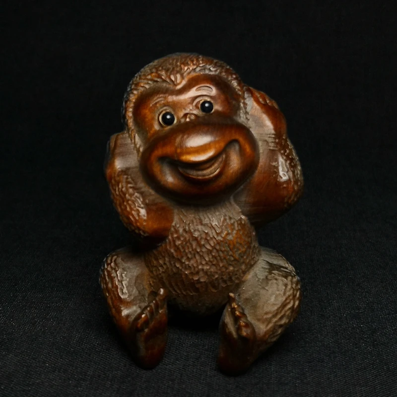 

YIZHU CULTUER ART H 6 CM Chinese boxwood hand carved lovely animal monkey Statue collection Gift