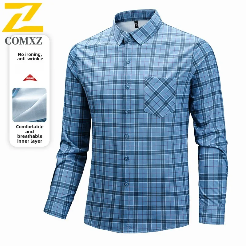 Men's 100% Cotton Long Sleeve Shirt - Business Casual Wrinkle-Free Loose Fit Checkered Workwear Style with Functional Pockets