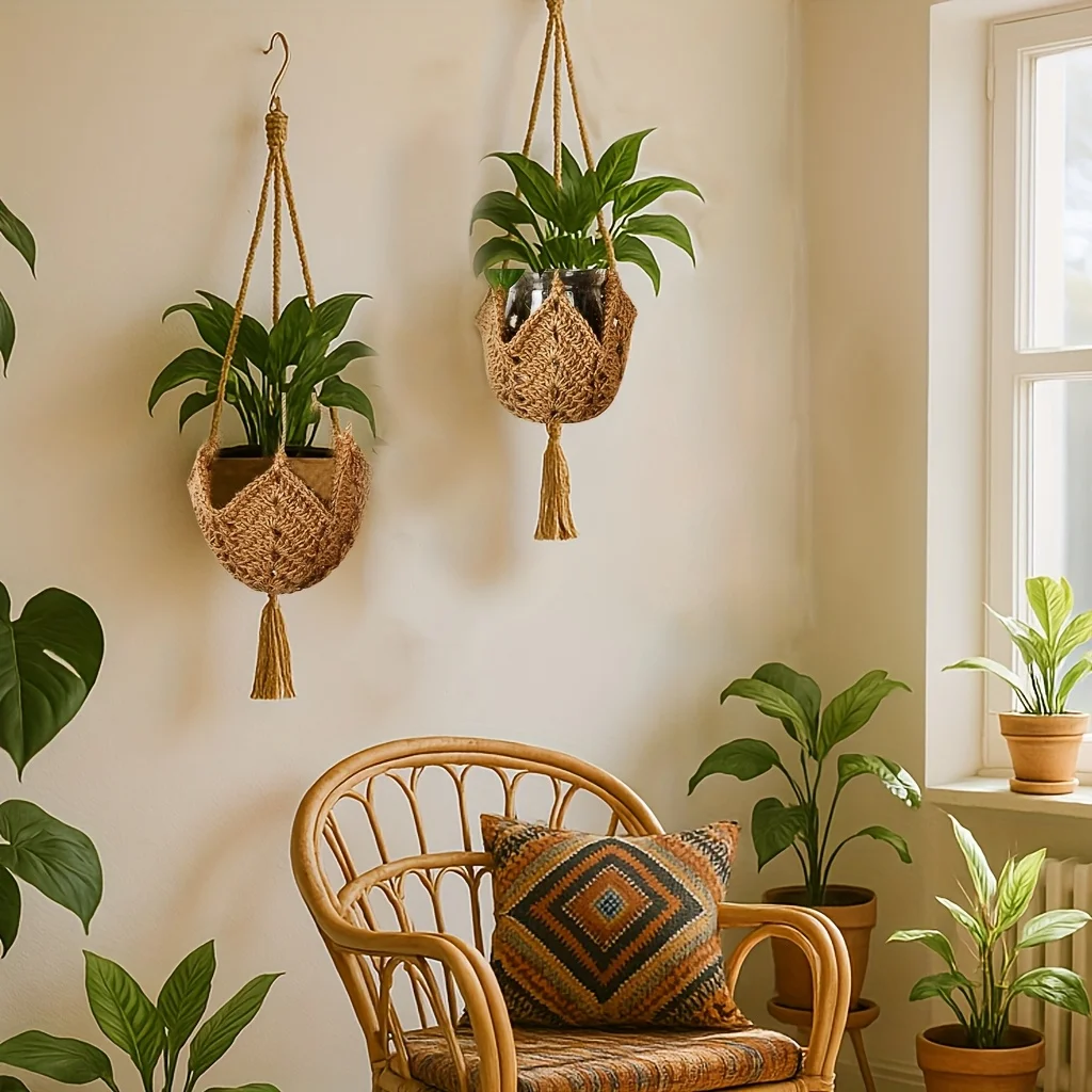 Boho Macrame Jute Crochet Hanging Planter Basket Long Plant Hanger for 3 Inch to 12 Inch Pots Indoor Outdoor Flower Pots