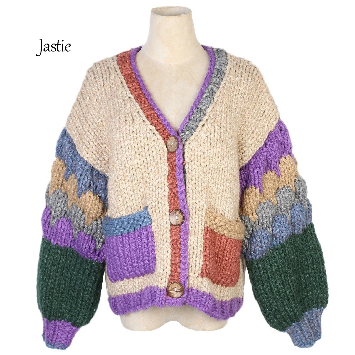 Jastie Thick Needle Sweater Knitted Cardigan Coat Women's Hand Hook Loose Single-breasted Long-sleeved V-neck Sweater Cardigan