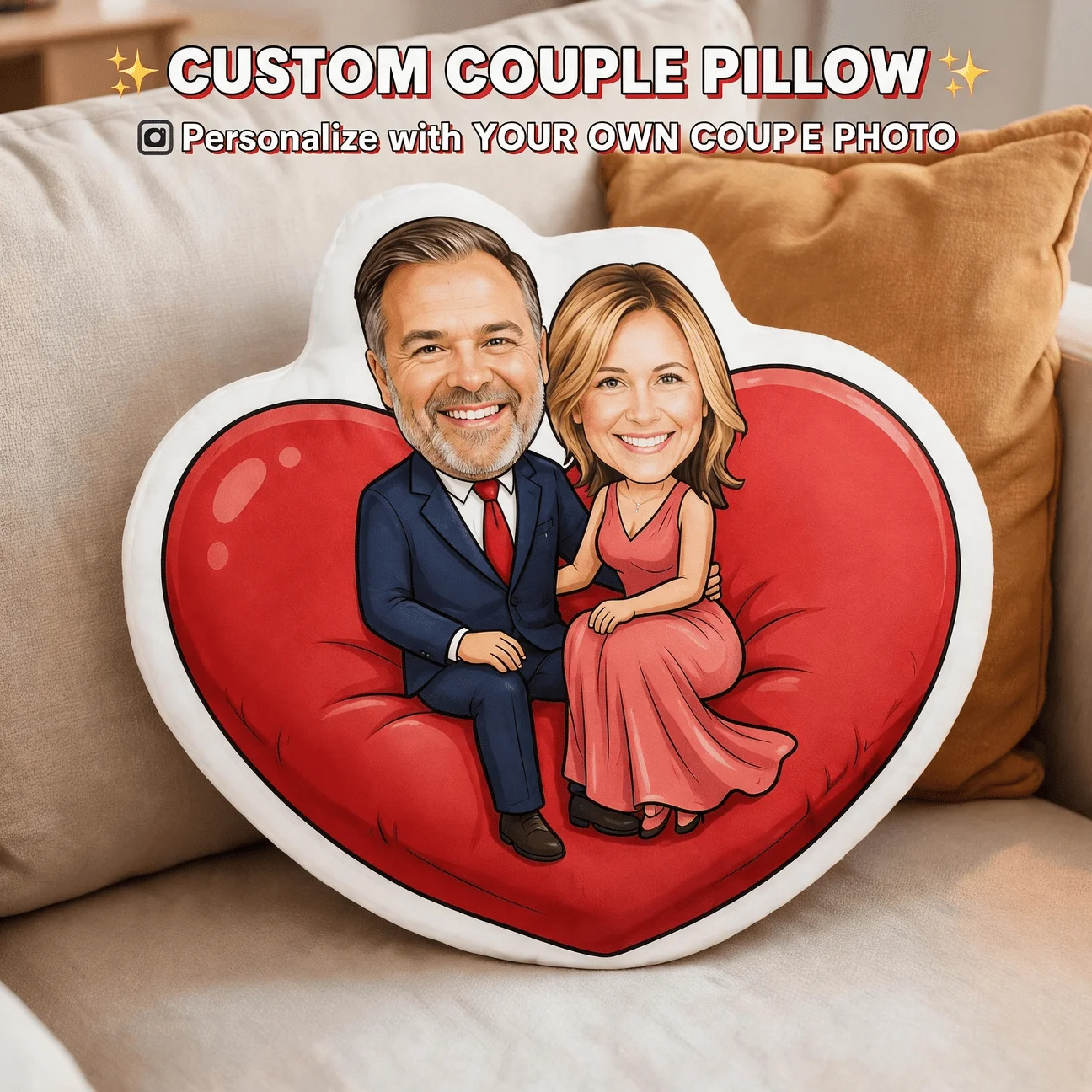 Personalized Couple Photo Shaped Pillow, Romantic Cartoon Portrait Custom Picture Decorative Cushion, Unique Home Decor Accent f