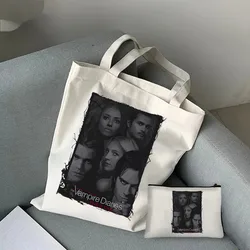 2 pezzi The Vampire Diaries Tote Bag Set, borsa per la spesa in tela leggera, borsa da spiaggia portatile da viaggio con borsa per il trucco