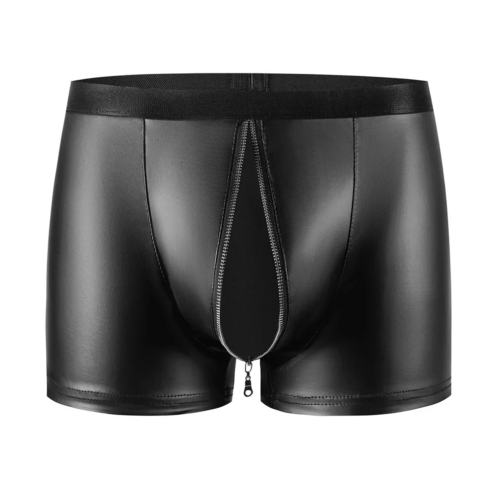 Men\'s Zipper Open Crotch PU Leather Boxers Shorts Sexy Faux Leather Zipper Boxer Tights Boxershorts Male Convex Pouch Underpants