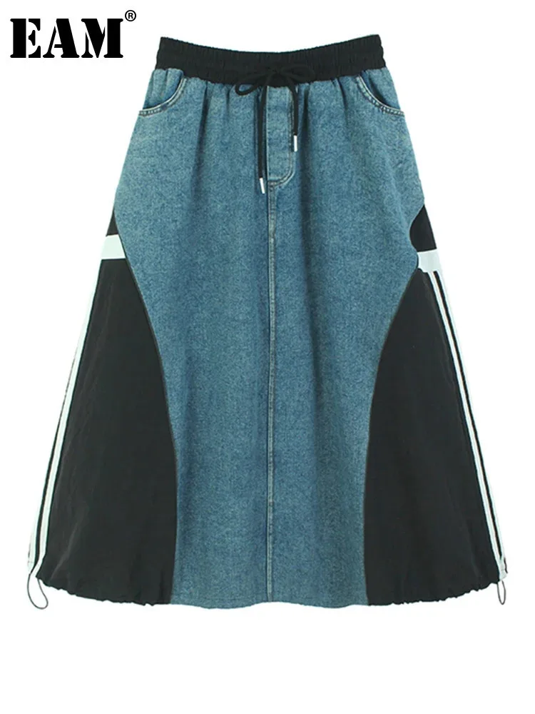 [EAM] High Elastic Waist Black Denim Color-block Drawstring A-line Half-body Skirt Women Fashion New Spring Autumn 2025 1DH8432