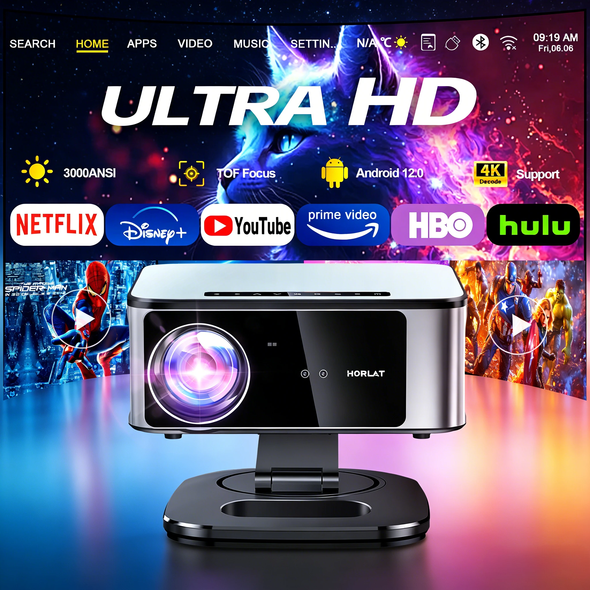 Проектор HORLAT 45000 люмен 4K UHD с лазерной фокусировкой TOF, Android 12, WiFi 6, 1080P Full HD для домашнего кинотеатра и игр