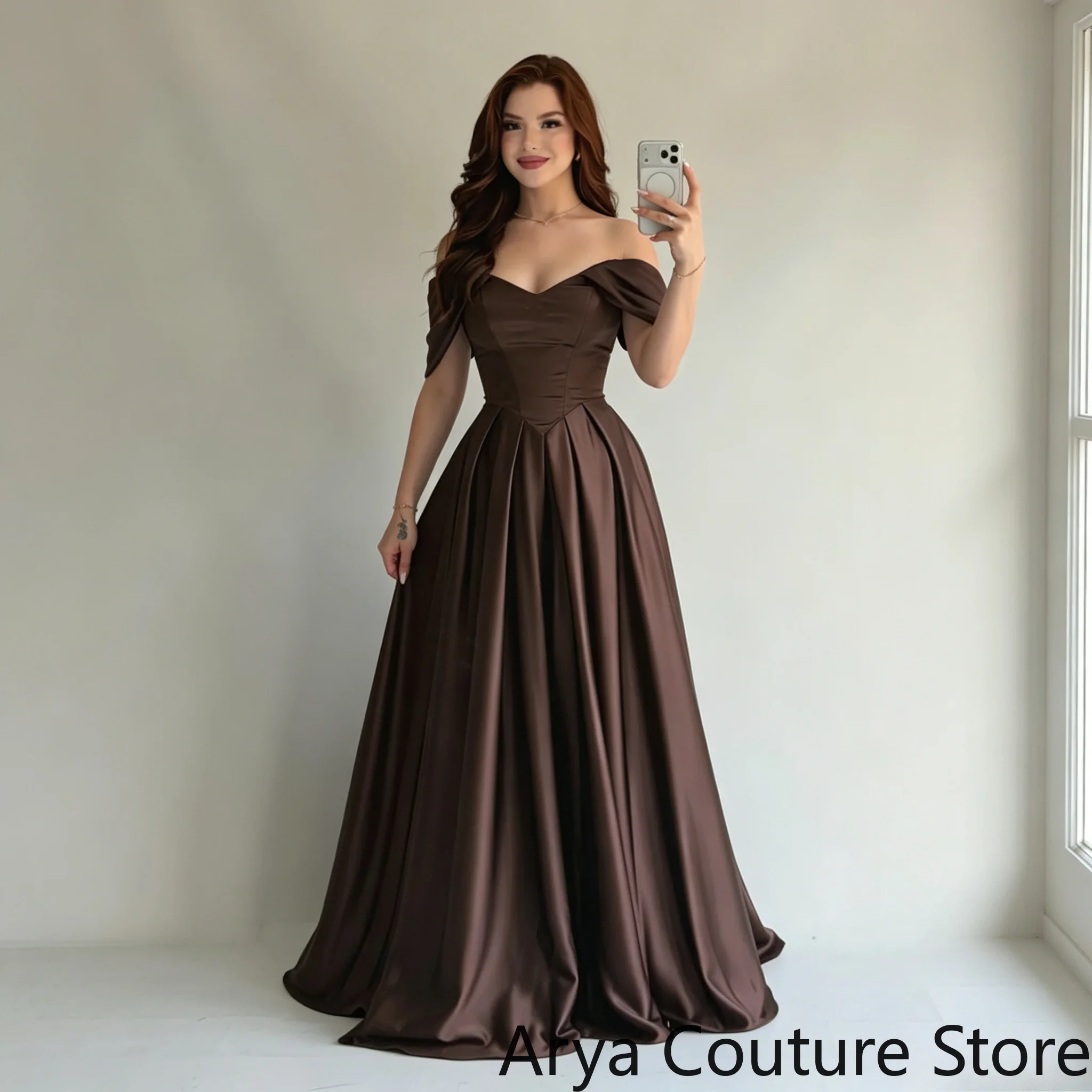 Robe de soirée en satin marron chocolat vintage personnalisée, épaules dénudées, col en cœur, manches courtes à volants, corset structuré