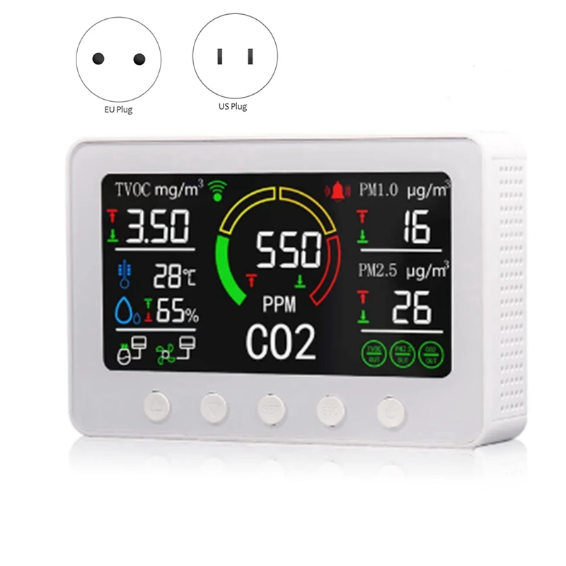 Датчик Tuya Wi-Fi Co2 6 в 1, умный датчик качества воздуха, детектор температуры и влажности, цветной экран, простой в использовании вилка европейского стандарта