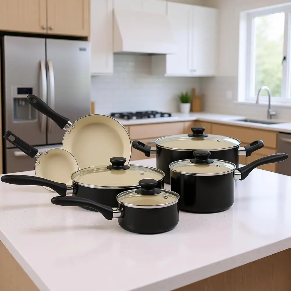 

11-Piece Non-Stick Cookware Set, Dishwasher and Oven Safe, Non-Toxic, Easy to Clean, Black/Cream