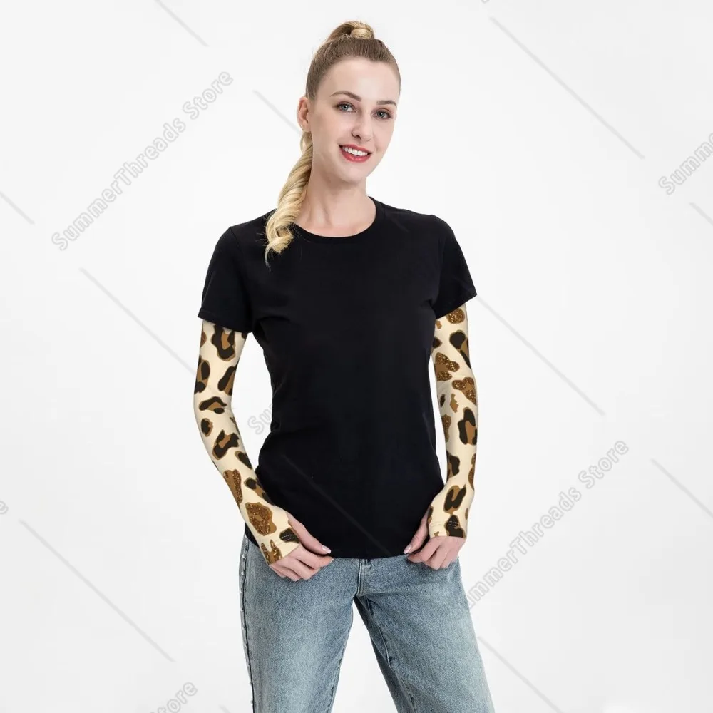 Animal leopardo impressão adulto gelo seda resfriamento braço capa proteção e dedo buraco resfriamento braço capa leve