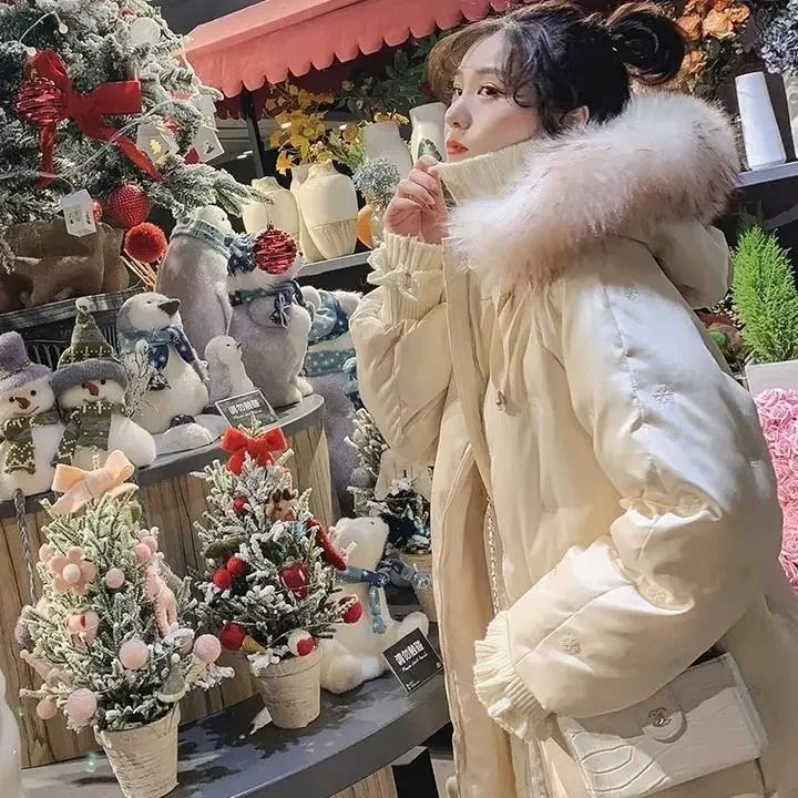 Cotton-Padded Women'S 2022 New Snowflake Embroidery Korean Version Thickened Mid-Length Cotton-Padded Loose Coat