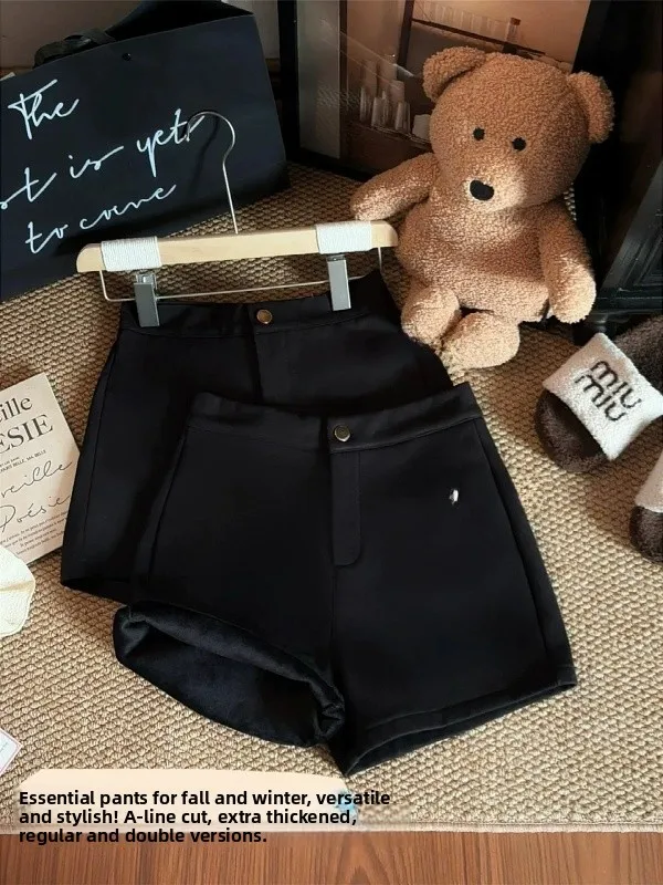 

plus Size Bla Fce Lined Boo orts Women Sexy Tight High Waist Autumn Winter A-Line Hot Pants Straight Leg Pants