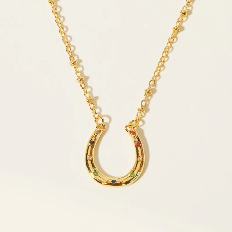 Fashion Colorful Zircon Horseshoe U Shape Necklace Irregular Kaleidoscope Lucky Symbol Women's Waterproof Jewelry Gift