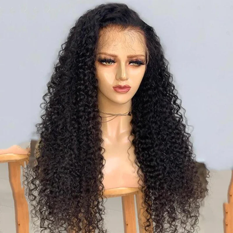 

Glueless Black 26 Inches 180%Density Long Kinky Curly Preplucked Lace Front Wig With BabyHair Heat Temperature Daily Cosplay Wig