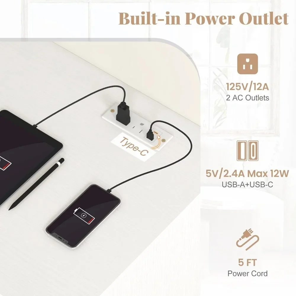 "مكتب كمبيوتر أبيض مع مخرج طاقة مدمج - تصميم مكتبي حديث مع صينية لوحة مفاتيح و3 أدراج واسعة، كتابة 42 بوصة