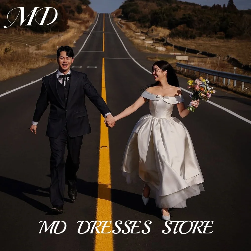 MD Simple Off Shoulder A-line Wedding Dress Satin And Tulle Bow Korea Photoshoot Floor-Length Bridal Gown Customized 2025 웨딩드레스