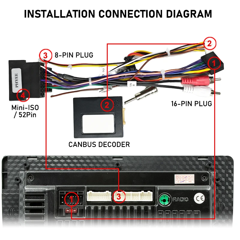 Mini-ISO/52 Pin Harness Adapter CAN Bus Decoder, SWC Retention, 16Pin Android, für Fiat 500 Panda Doblo Uno Bravo Punto Ducato – Detail 5