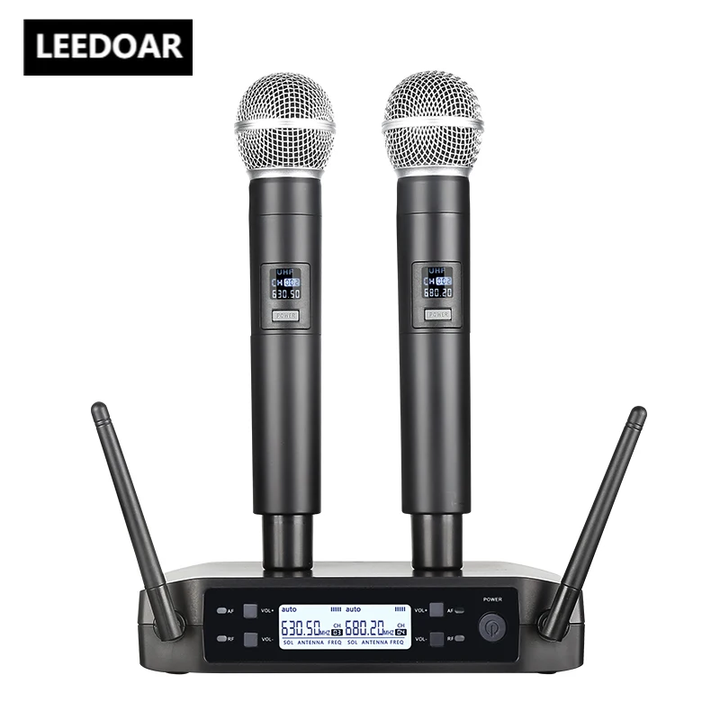 LEEDOAR Dual Channels UHF Wireless Microphone Set Handheld Fixed Frequency Dynamic Mic For Karaoke Wedding Party Church Show