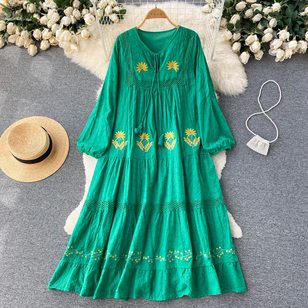 Vintage Chic Women Bohemian Heavy Flowers Embroidered Cotton Medium length Dress Robe Ladies V Neck Tassel Boho Maxi Dresses