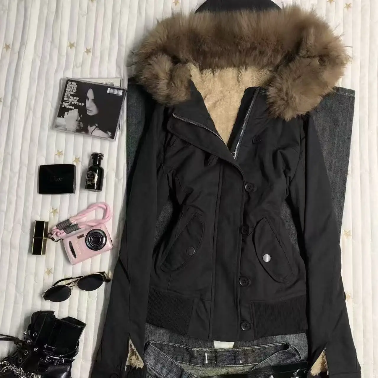 Vintage Retro Hooded Fur Trim Parka Jacket Women Fleece Lined Drawstring Waist Slim Fit Elegant Warm Casual Streetwear Winter