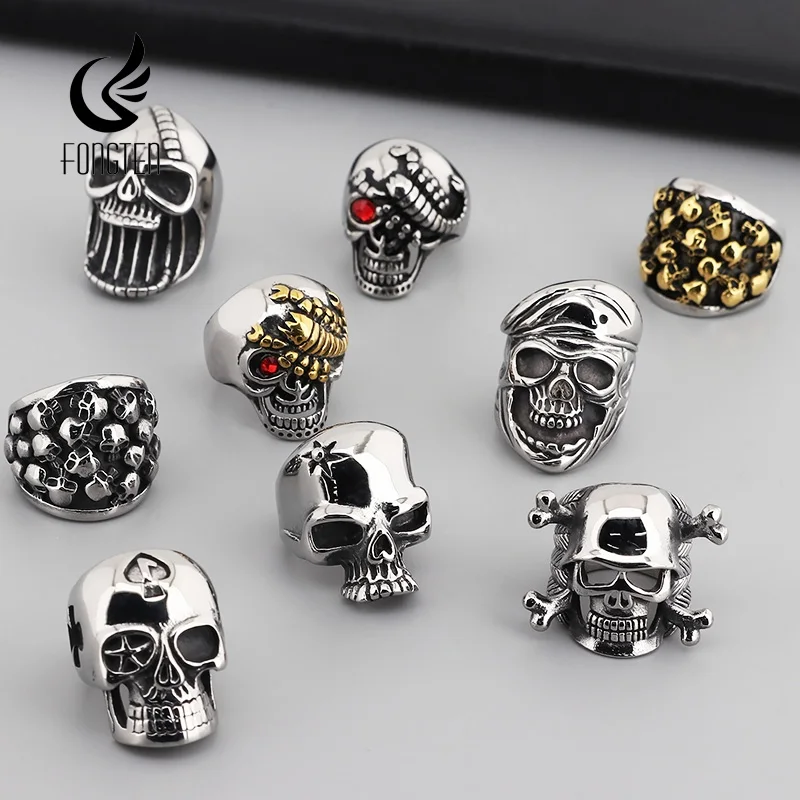 Fongten Gothic Skeleton Rings For Men Stainless Steel Cocktail Ring Male Gold Silver Color Skull Charm Hip Hop Jewelry Wholesale
