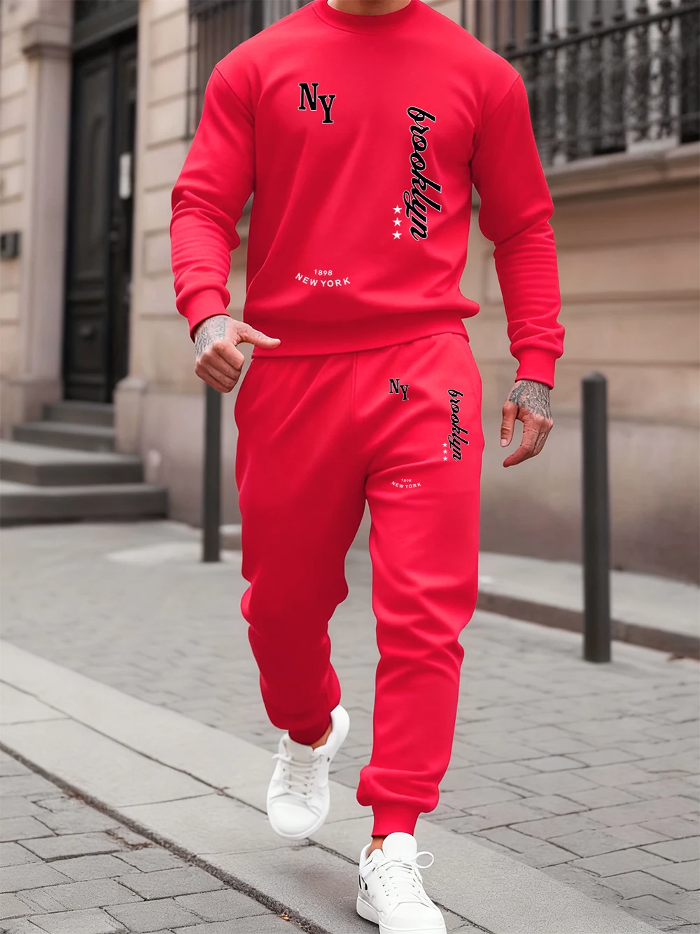 

2 Pcs Hoodie Set Men 1898 New York Brooklyn Prints Sweatpants Sporty Fleece Warm Crewneck Sweatshirt Pants Autumn Loose Clothes