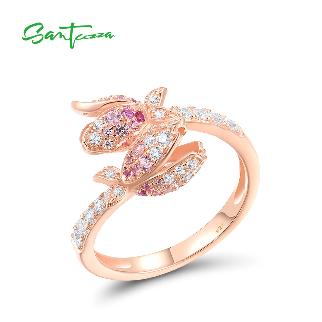 SANTUZZA Real 925 Sterling Silver Rings For Women Sparkling White CZ Created Ruby Pink Sapphire Flower Elegant Fine Jewelry