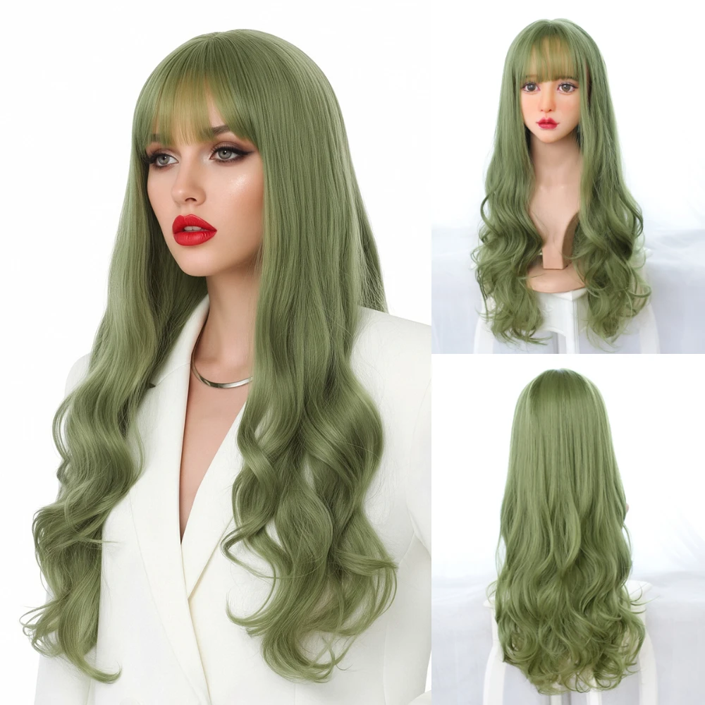 

MSIWIGS синтетические волосы зеленые длинные волнистые парики Лолиты с челкой для женщин термостойкий косплей парик