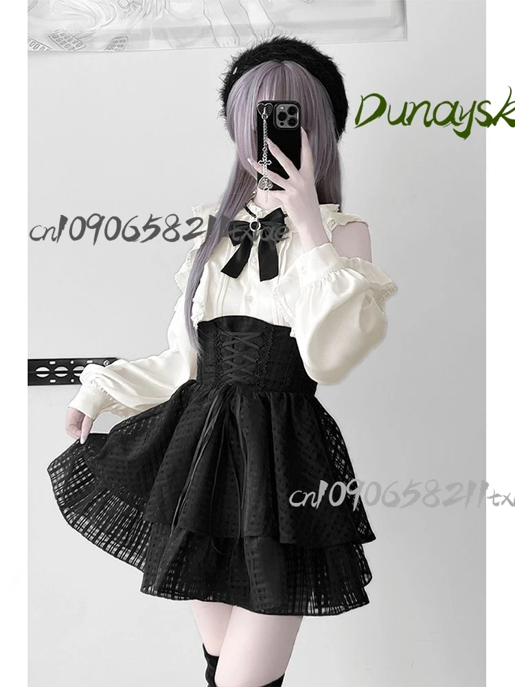 Jirai Kei gótico oscuro subcultura femenina encaje negro recortado camisa de manga larga falda conjunto disfraces Cosplay fiesta diaria Halloween