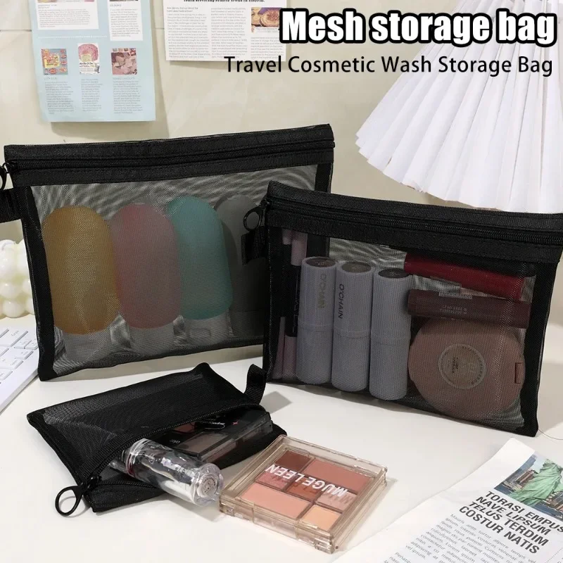 1/24PC Mesh Cosmetic Bag Small Large Black Transparent Makeup Bag Portable Travel Toiletry Organizer Case Lipstick Storage Pouch