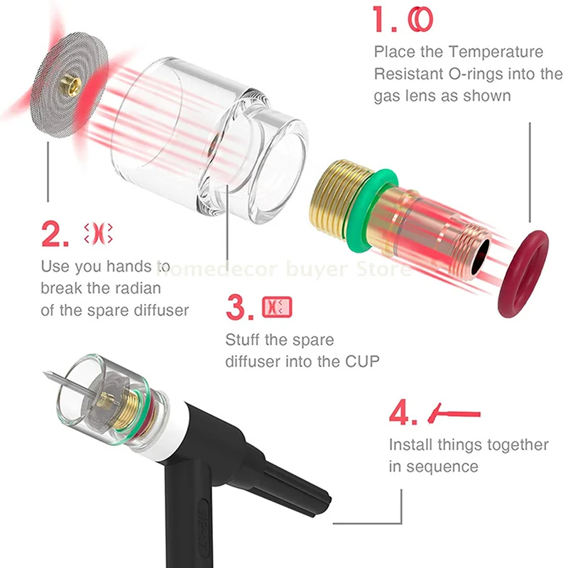 7 piezas de lente de gas rechoncha de soplete de soldadura TIG # Kit de 12 puntas de contacto de vaso de vidrio Pyrex para piezas de herramientas WP-17/WP18 WP26, taza resistente al calor