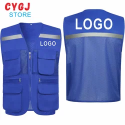 Multi-pocket mesh patchwork vest with reflective strips, breathable mesh construction site work clothes with LOGO customization